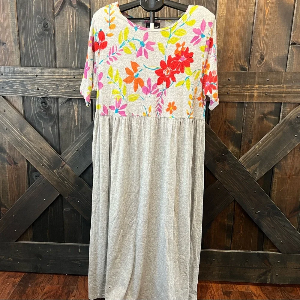 Vintage Carole Little Maxi Dress Set Size 3X Grey Floral Matching Vest Cottage‎